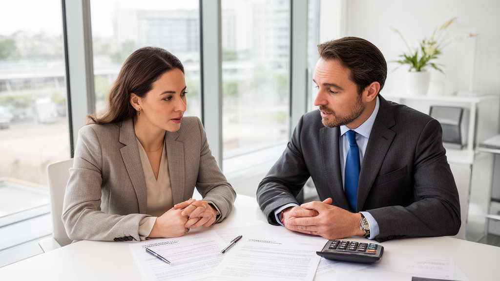 Empresário e gerente bancário analisando contrato em ambiente corporativo iluminado