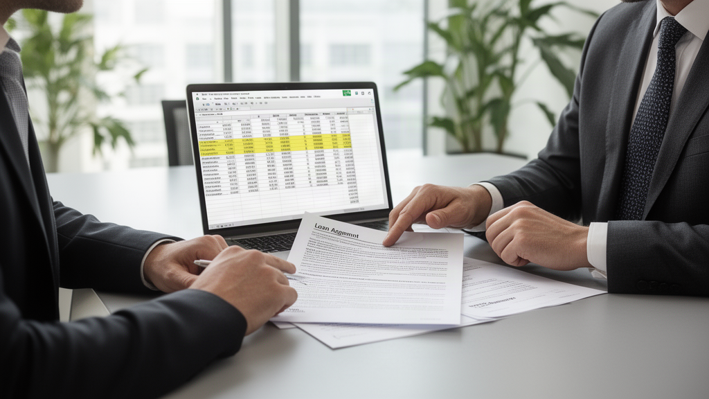 Advogado e CFO analisando CCB e planilha de conferência em escritório corporativo