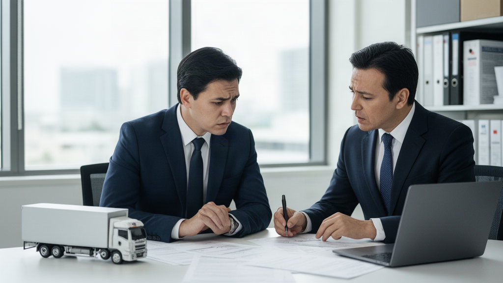 Advogado e empresário analisando documentos de empréstimo em escritório com maquete de caminhão ao fundo