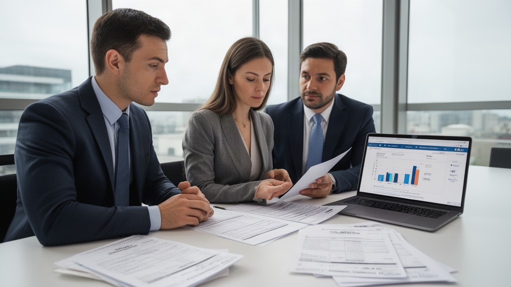 Equipe empresarial analisando documentos financeiros e extratos em escritório claro
