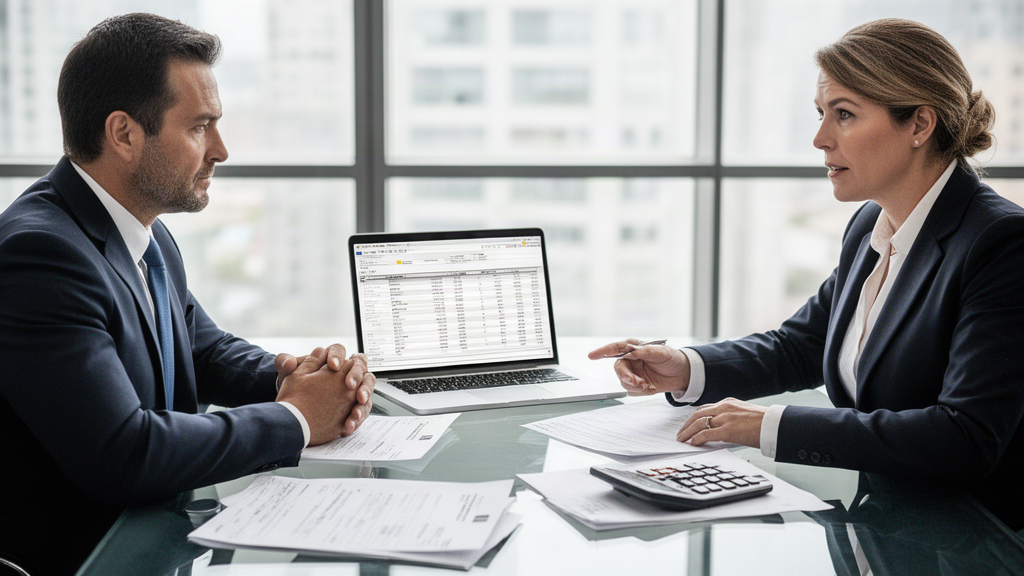 CFO e gerente bancário analisando documentos e faturas em escritório corporativo