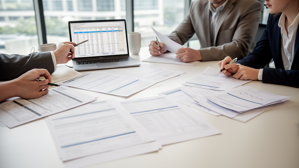 Equipe empresarial analisando extratos e contratos financeiros em mesa de reunião