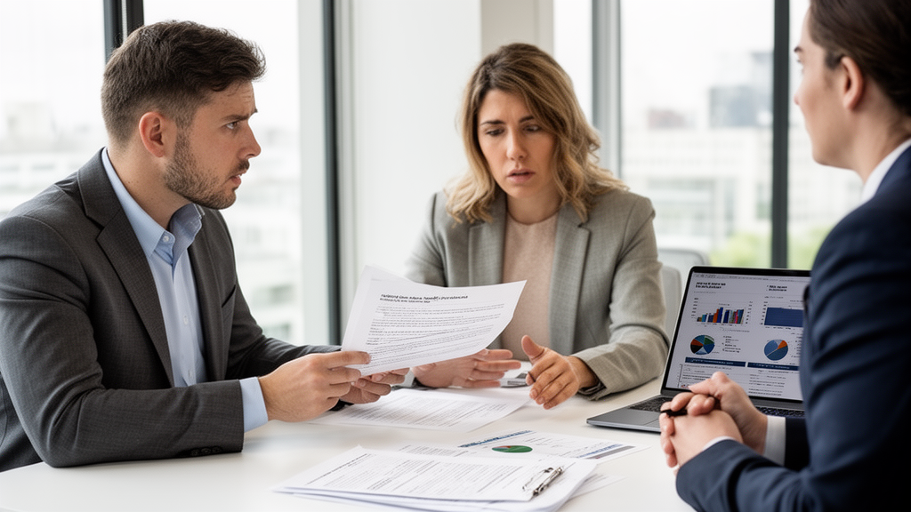 Sócios e advogado revisando contrato de cessão fiduciária de recebíveis em escritório corporativo