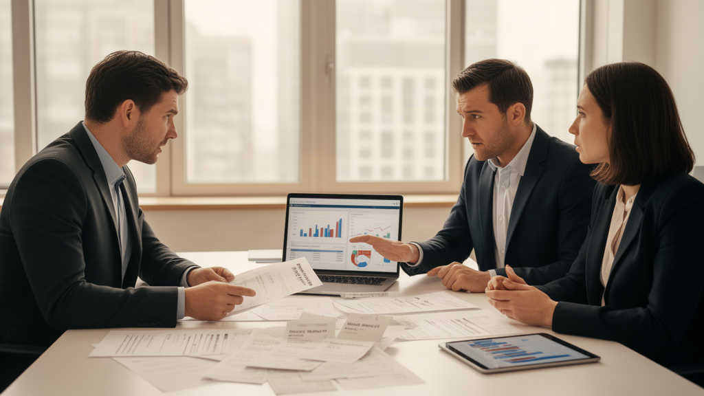 Equipe empresarial discutindo documentos financeiros e recebíveis em escritório moderno
