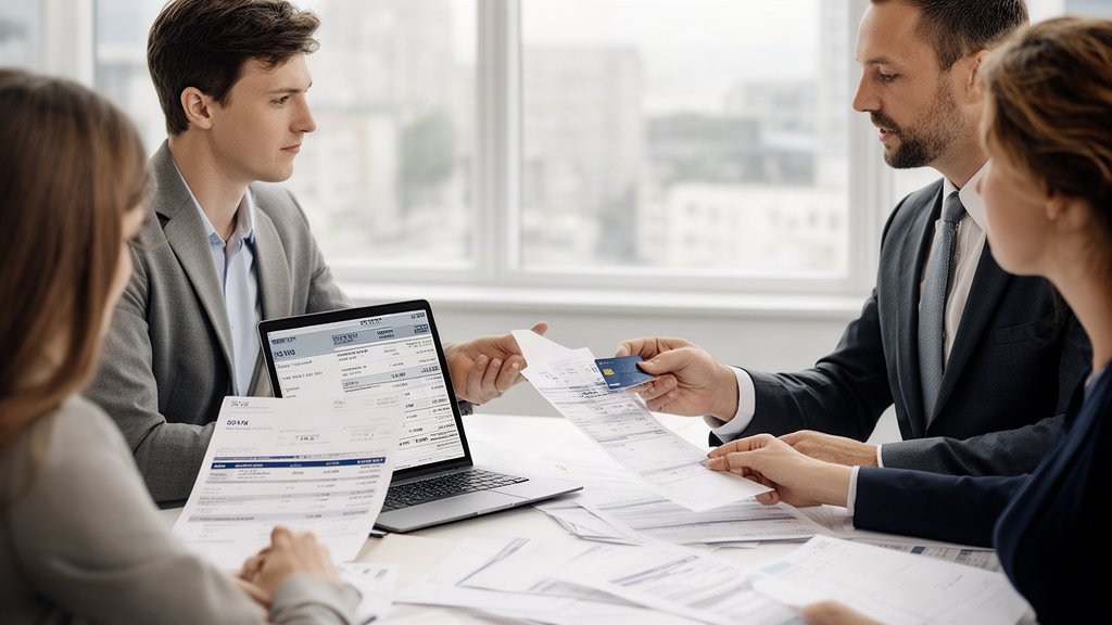 Reunião corporativa com equipe analisando documentos financeiros e extratos bancários em escritório claro.