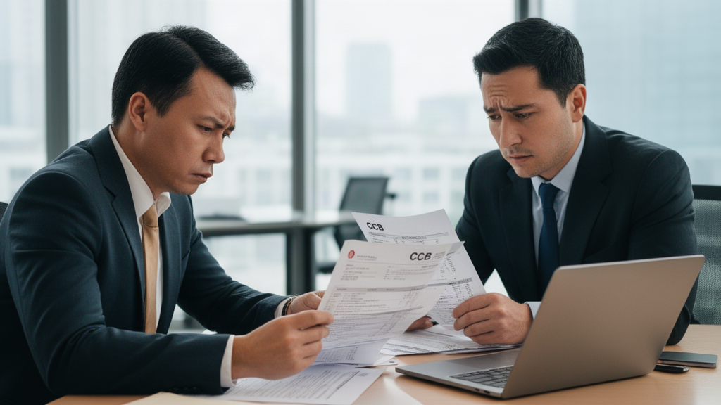 Empresário e contador analisando contrato de CCB e extratos para proteger o caixa da empresa