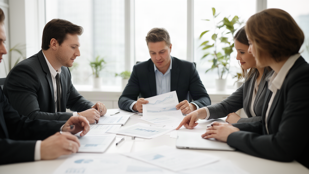 Reunião corporativa para analisar contratos e garantias em ambiente empresarial claro.