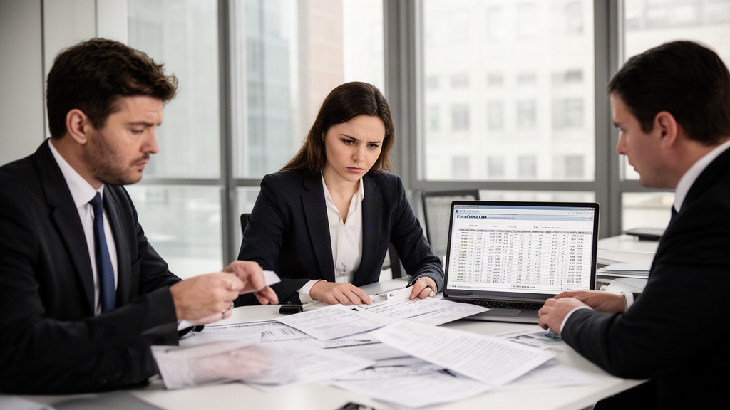 Equipe empresarial analisando contrato e planilha financeira em sala corporativa
