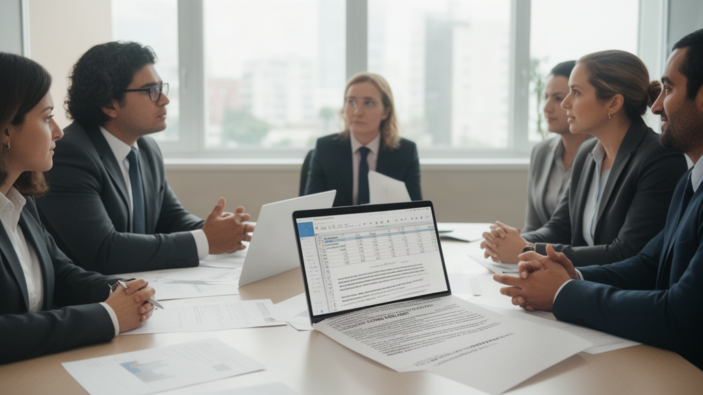 Equipe empresarial conferindo planilha e contrato bancário em reunião clara e profissional