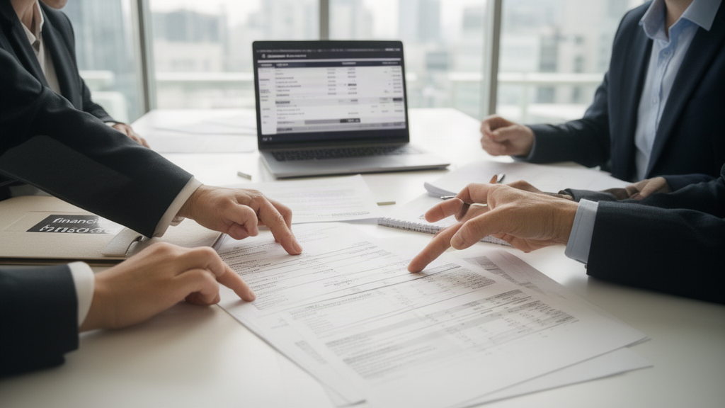 Equipe em escritório financeiro analisando extratos e documentos para desbloqueio judicial