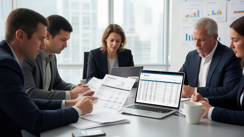 Equipe empresarial analisando extratos e planilhas em reunião para desbloqueio de conta judicial