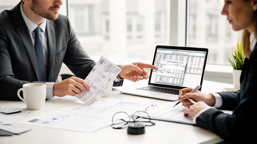 Equipe empresarial analisando extratos e planilhas em escritório claro