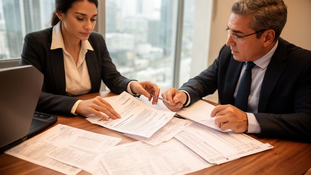 Advogado e empresário analisando contratos e extratos bancários em escritório iluminado