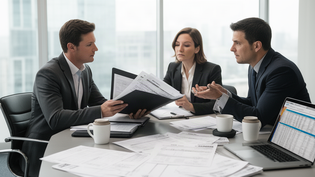 Equipe empresarial e advogados revisando documentos financeiros e contrato em sala corporativa