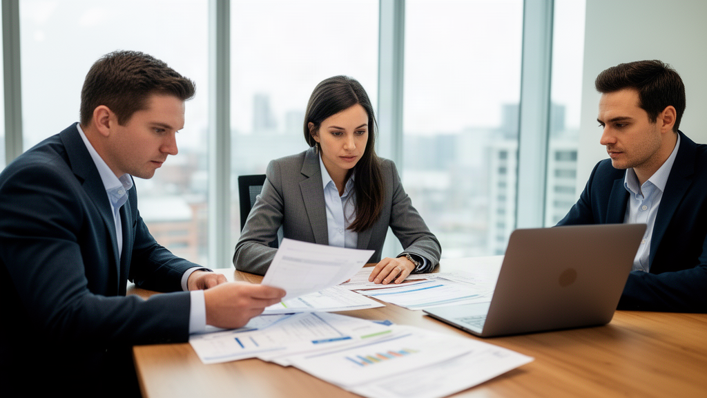 Executivos analisando demonstrativos financeiros e fluxo de caixa em reunião empresarial