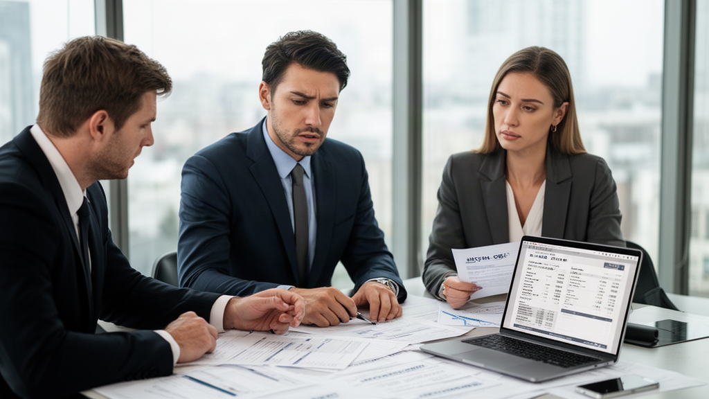 Equipe jurídica empresarial analisando extratos e contratos bancários em escritório moderno