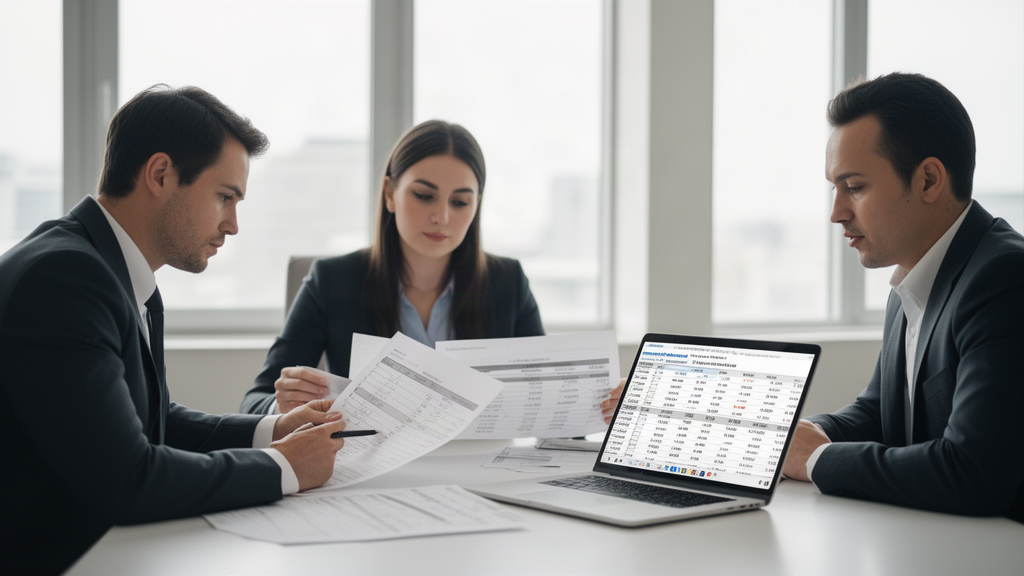 Profissionais em reunião empresarial analisando planilhas e cálculos financeiros em escritório moderno
