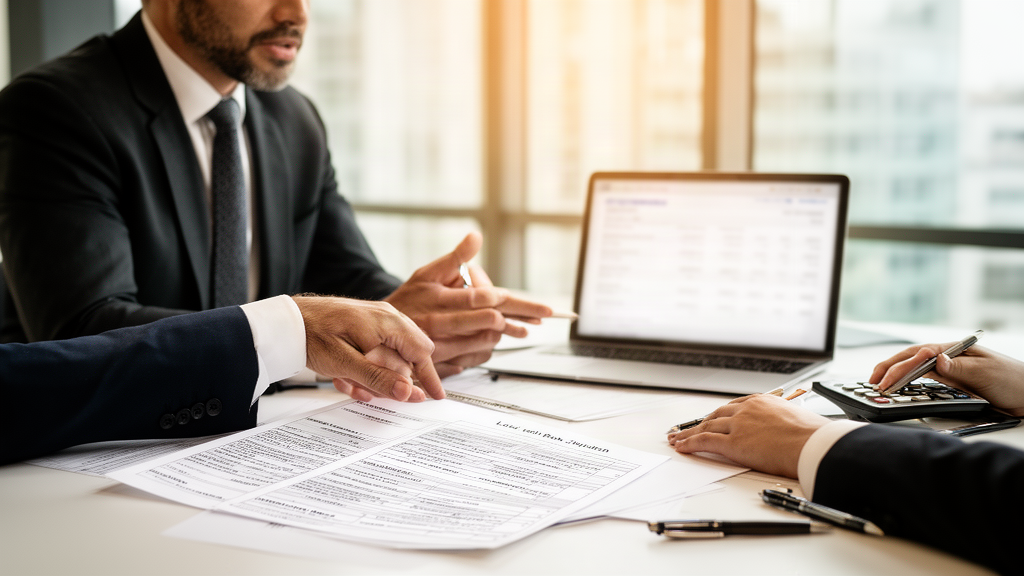 Advogado e diretor empresarial analisando contrato bancário e extratos em escritório moderno