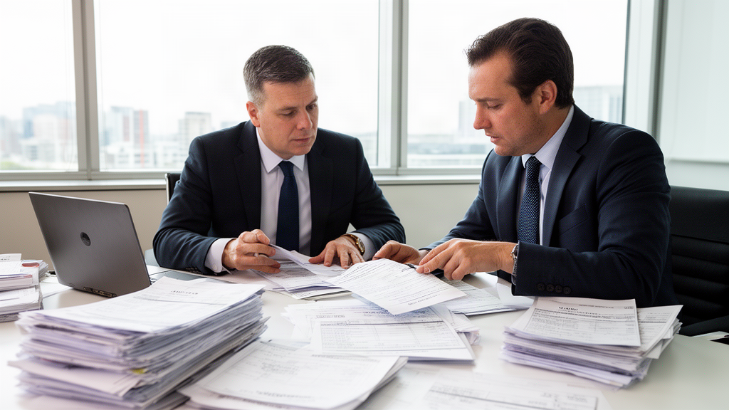 Advogado e CFO revisando relatórios de estoque e extratos em escritório corporativo