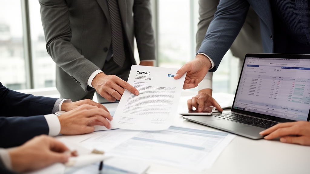 Equipe empresarial analisando contrato bancário e extratos em escritório moderno