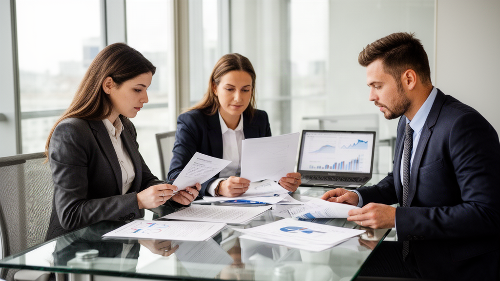 Profissionais em reunião empresarial analisando contratos e demonstrativos financeiros