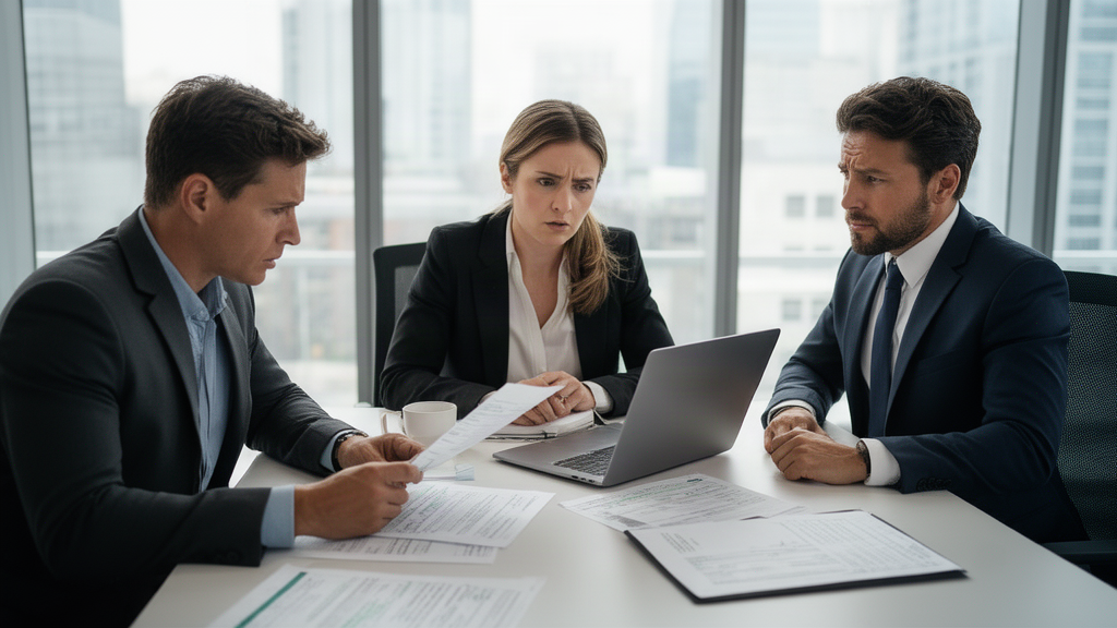 Profissionais de finanças analisando contratos e extratos em reunião corporativa