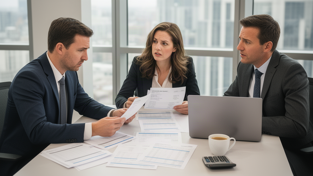 Equipe empresarial analisando extratos e fluxo de caixa em reunião no escritório