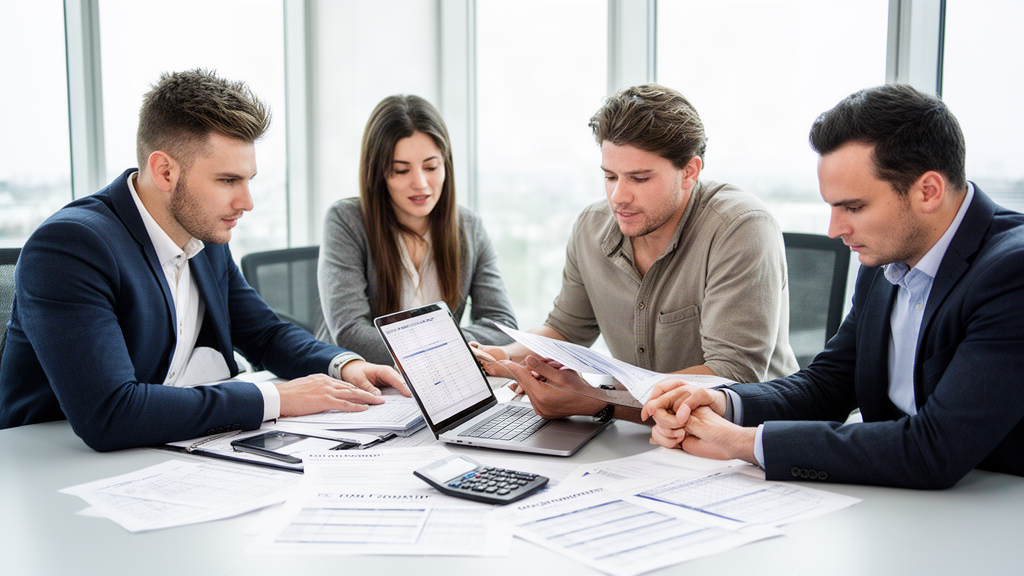Equipe empresarial analisando planilhas financeiras e contrato bancário em sala clara