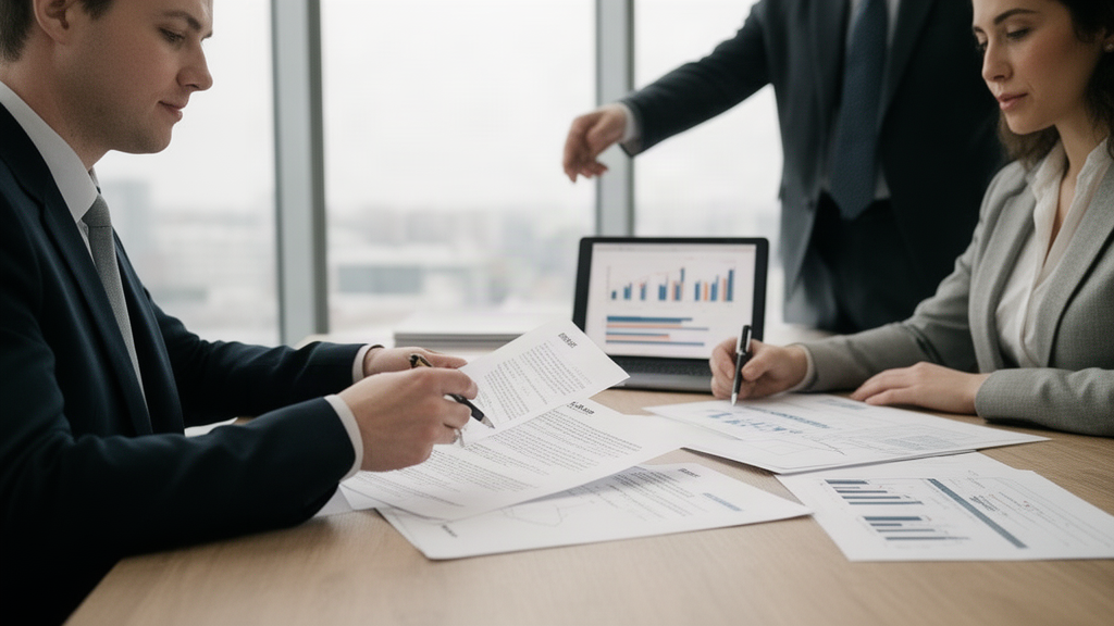 Executivos negociando contrato bancário em escritório moderno, documentos e laptop sobre a mesa