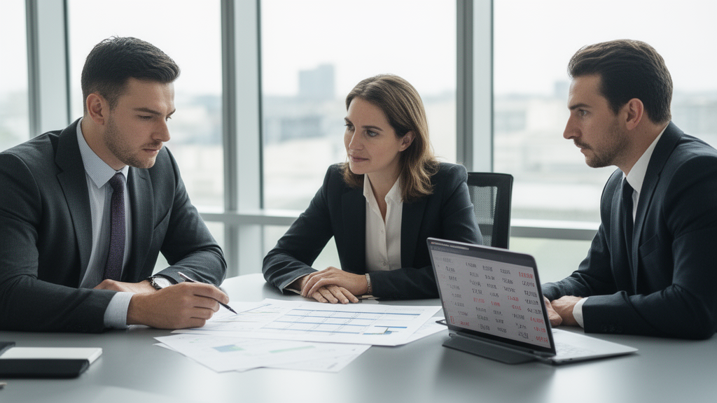 Reunião empresarial analisando planilha financeira e proposta de parcelamento bancário