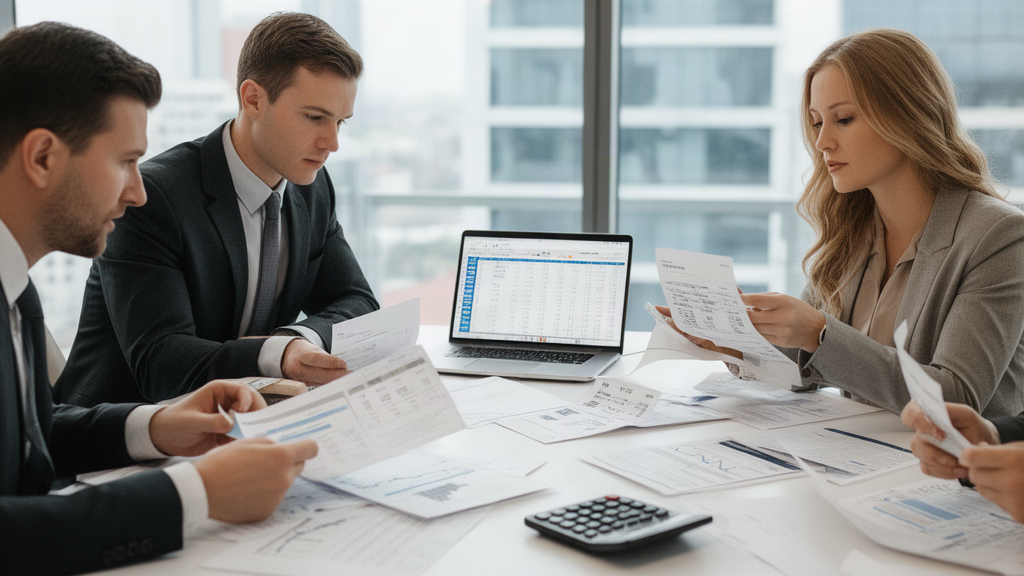 Executivos analisando relatórios financeiros e extratos em reunião corporativa, luz natural