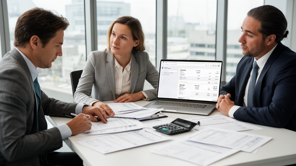 Equipe financeira e advogado analisando extratos e contratos em escritório corporativo