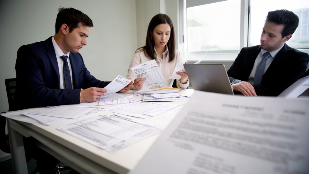 Equipe empresarial analisando extratos e planilhas após penhora de faturamento