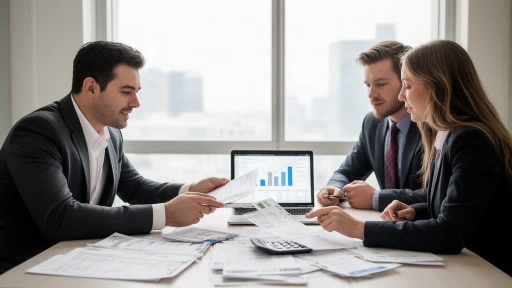 Equipe empresarial analisando demonstrativos e extratos em escritório moderno, luz natural