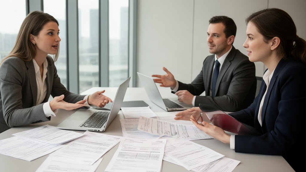 Equipe empresarial analisando extratos bancários e notas fiscais em mesa de reunião