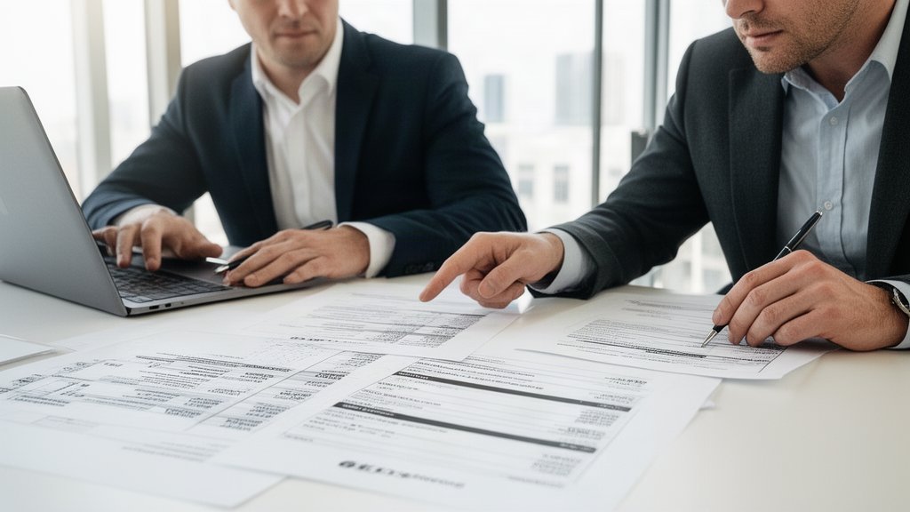 Executivos analisando extratos e contratos bancários em escritório corporativo iluminado