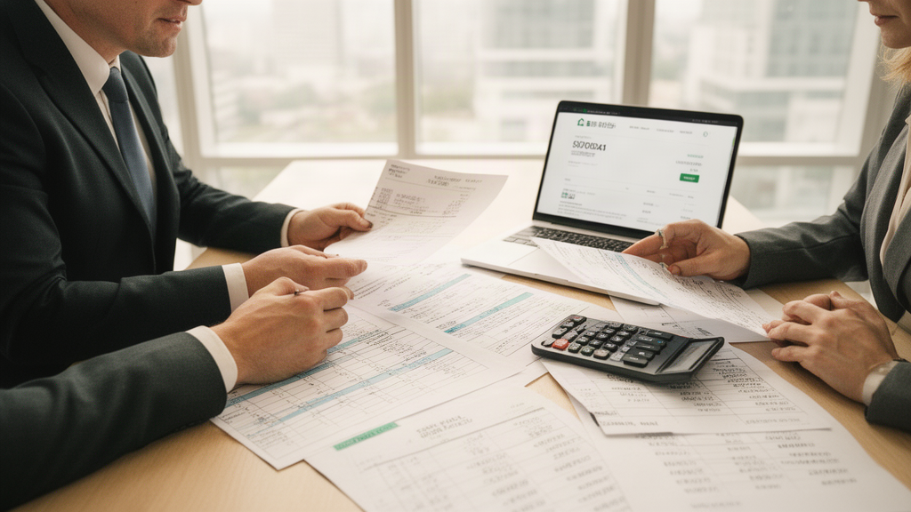 Advogado e diretor financeiro analisando extratos e fluxo de caixa em escritório corporativo