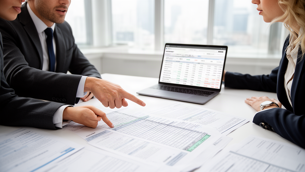 Equipe financeira empresarial analisando contratos, extratos e planilha sobre mesa em escritório claro