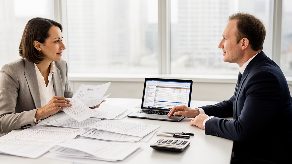 Empresário e advogado analisando contratos e extratos em escritório corporativo