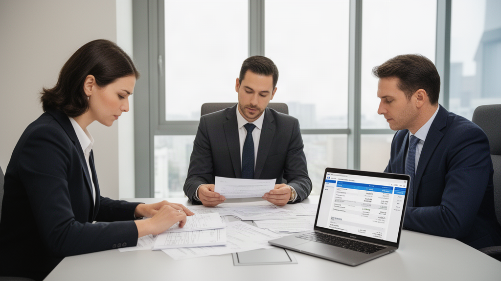 Equipe empresarial revisando extratos e fluxo de caixa em escritório moderno