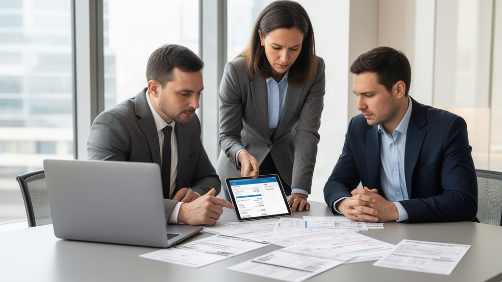 Equipe empresarial revisando extratos e documentos financeiros em escritório claro