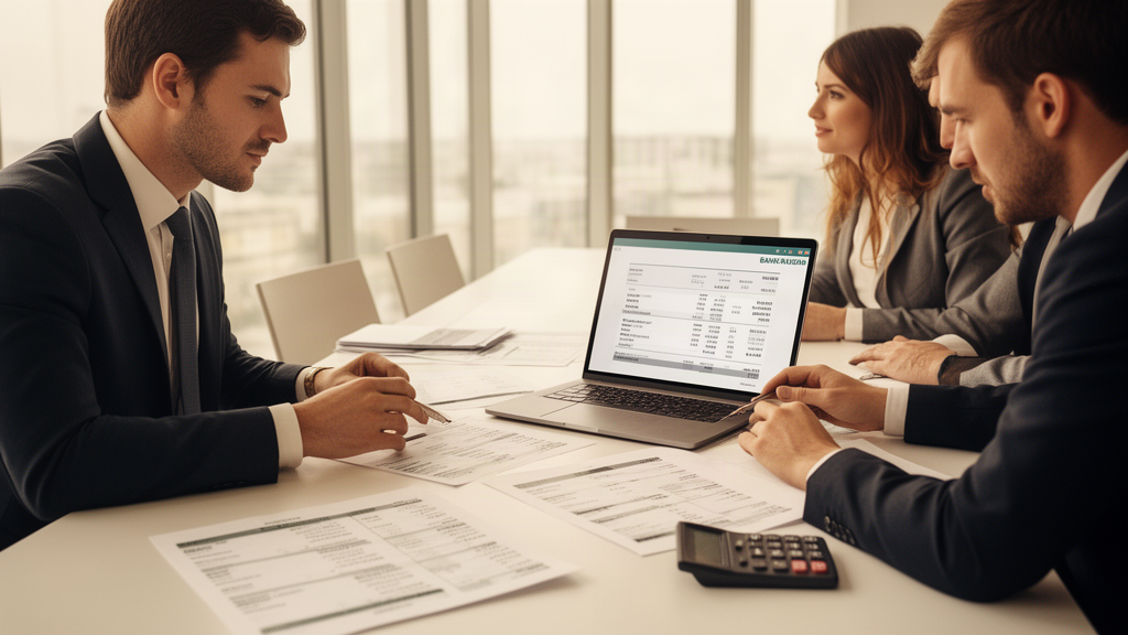 Equipe empresarial analisando extratos e documentos financeiros em sala clara