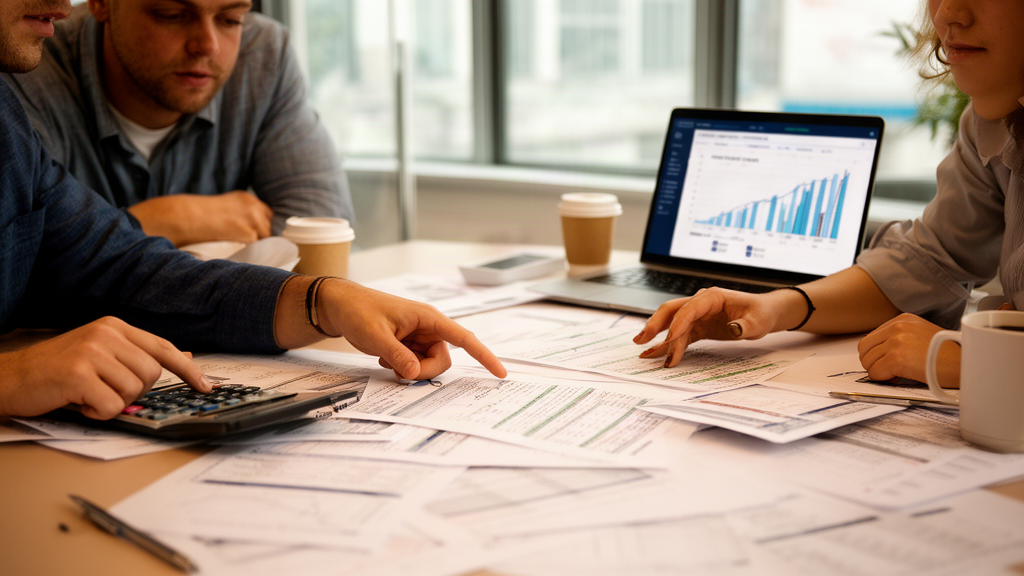 Equipe empresarial revisando planilhas financeiras e fluxo de caixa em escritório moderno