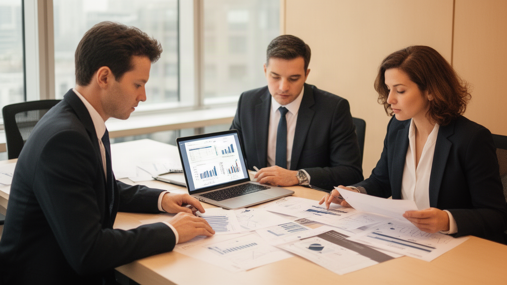 Executivos reunidos analisando documentos e relatórios financeiros em escritório moderno