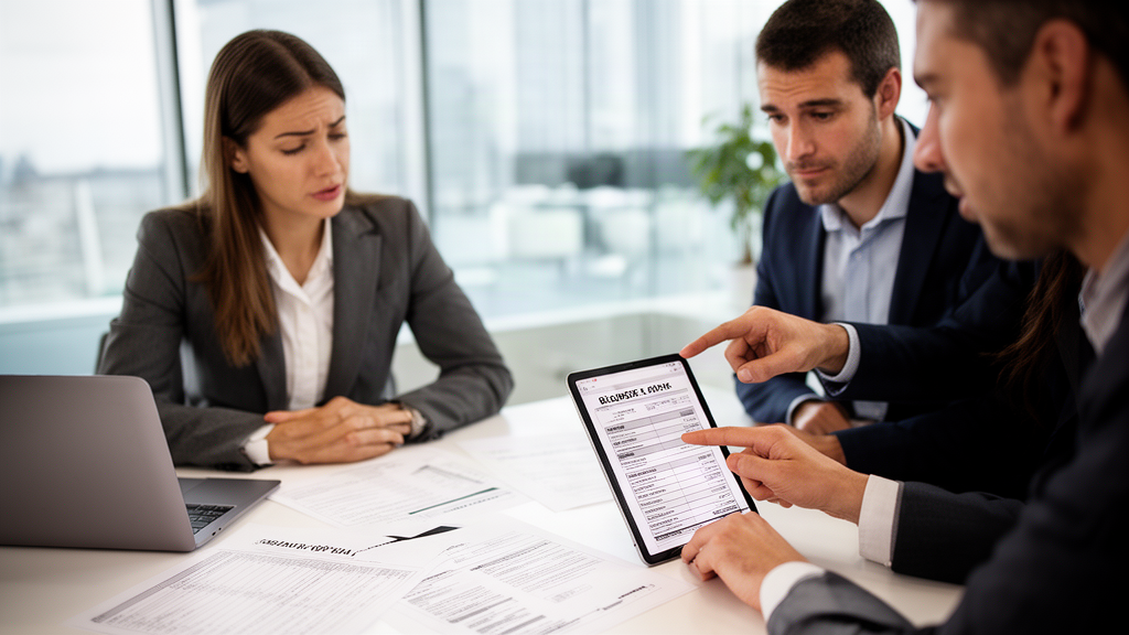 Advogado e sócios revisando extratos e contratos em escritório claro, analisando bloqueio de contas