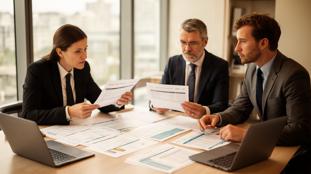 Advogado e executivos analisando extratos e fluxo de caixa em reunião empresarial