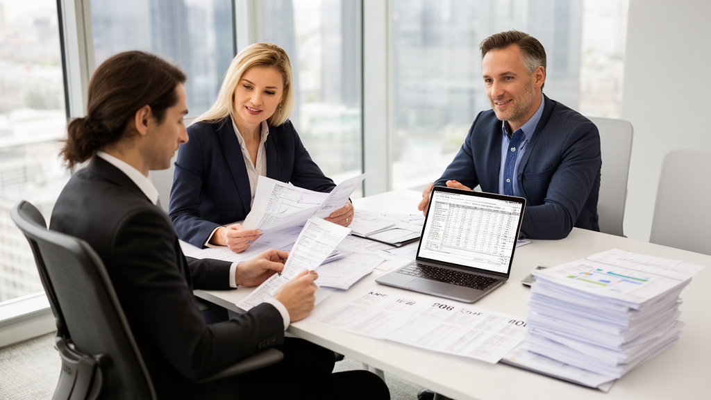 Equipe empresarial analisando extratos e planilhas em escritório claro, preparando defesa contra penhora de faturamento