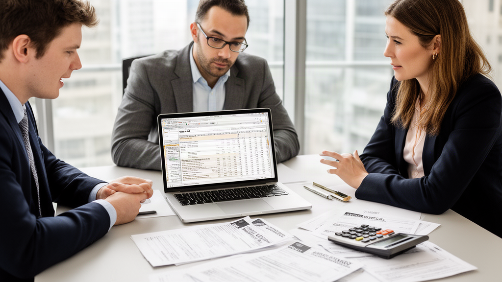 Equipe empresarial analisando extratos e planilhas financeiras no escritório