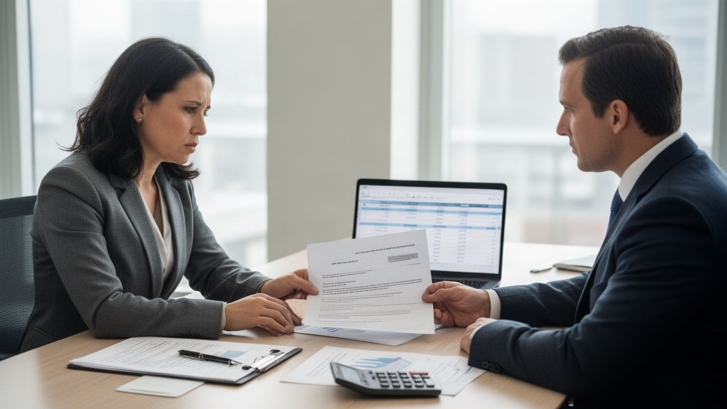 Empresário e gerente bancário analisando contrato em mesa com documentos e laptop