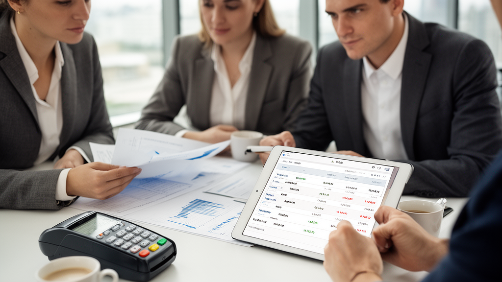 Executivos revisando documentos financeiros e recebíveis em escritório corporativo